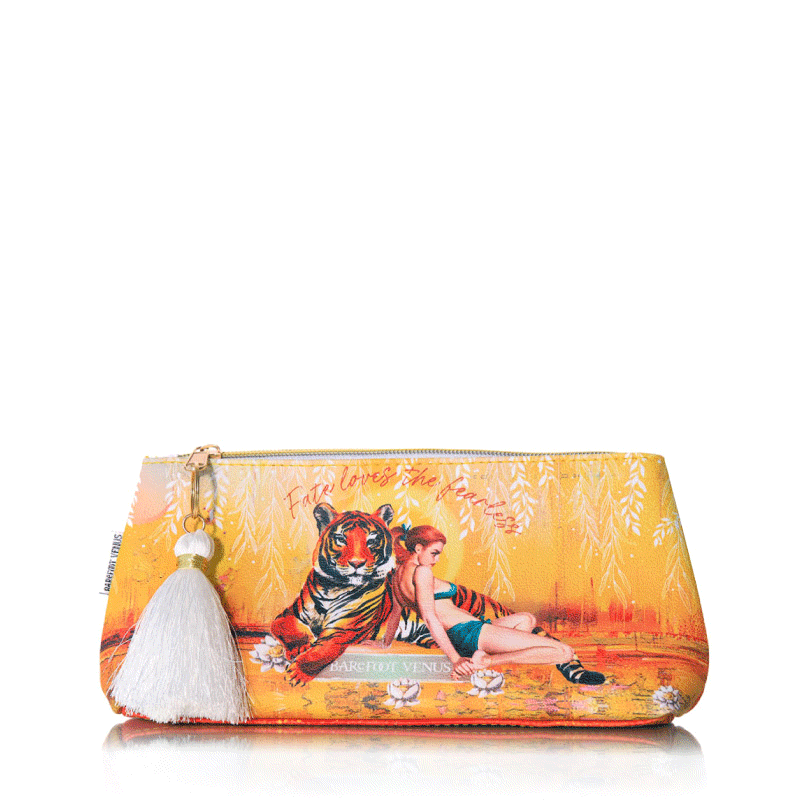 Orange/yellow bag with tiger and woman design shakes. Text 'Fate loves the fearless'. 4 products appear from top and move into bag side by side.