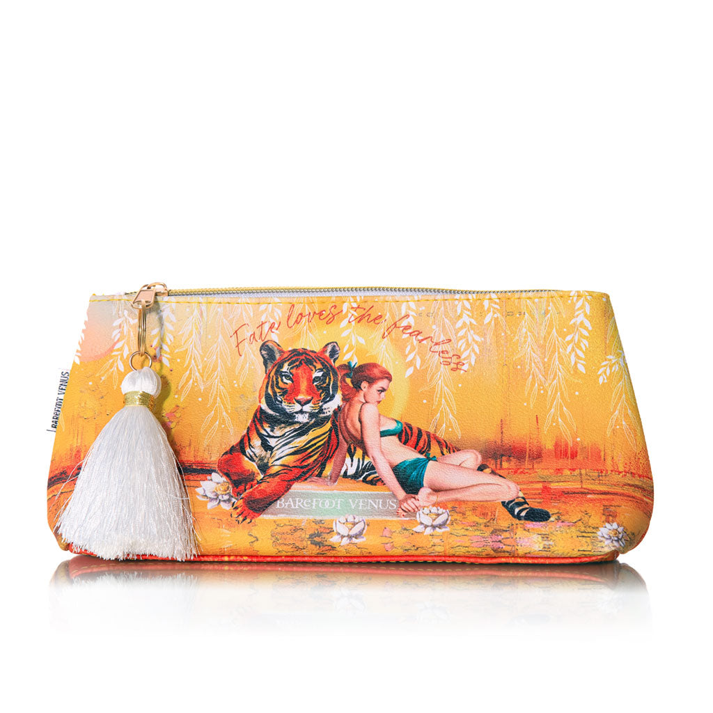 Orange/yellow pouch with tiger and woman design on a white background