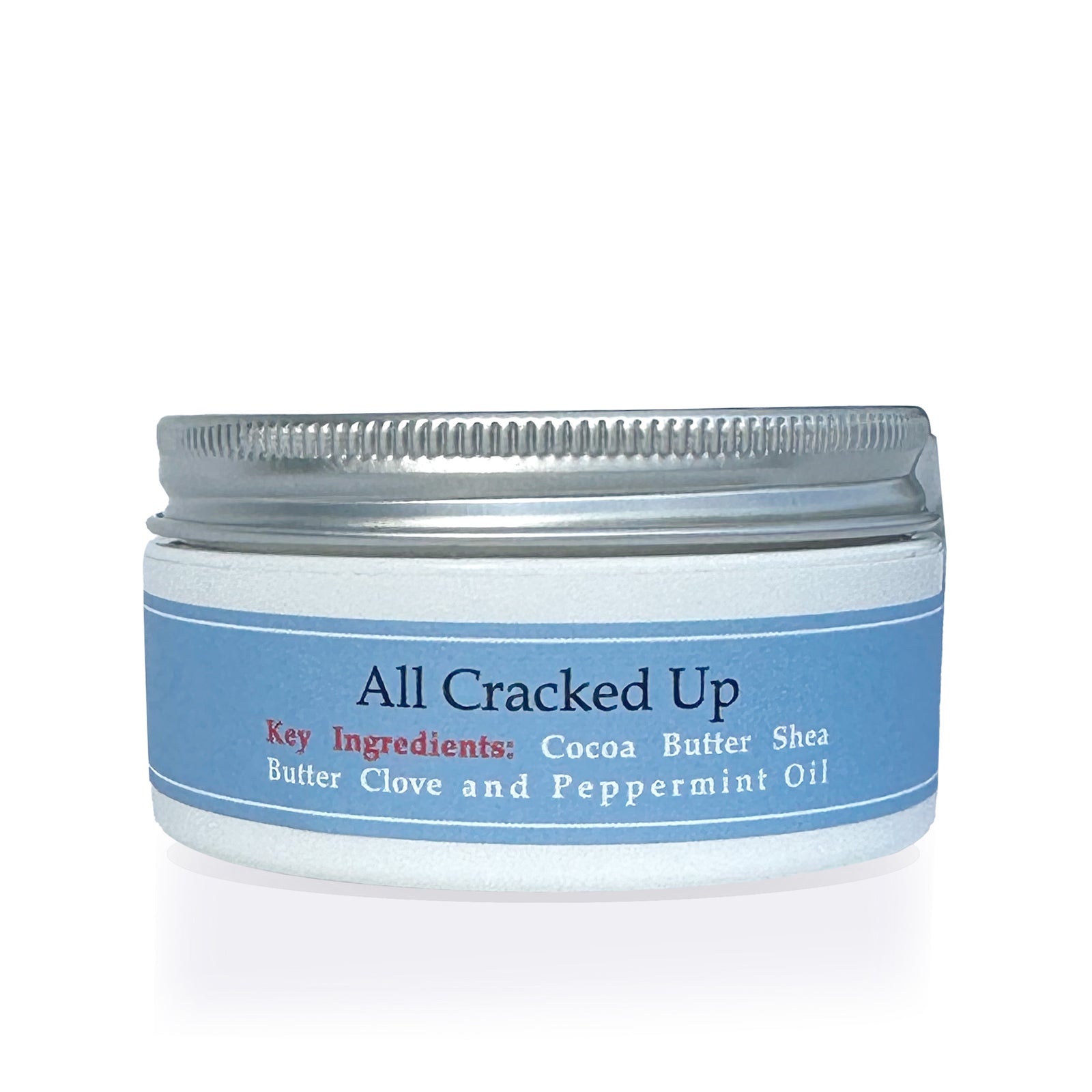 Jar of All Cracked Up foot balm with blue label on a white background.