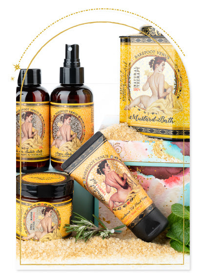 Collection of Barefoot Venus products with yellow vintage labels surrounded by a decorative frame.