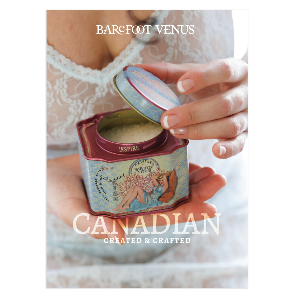 Person in white dress opening Barefoot Venus Ruby Red bath soak tin. Text overlay reads 'Barefoot Venus - Canadian created & crafted'.