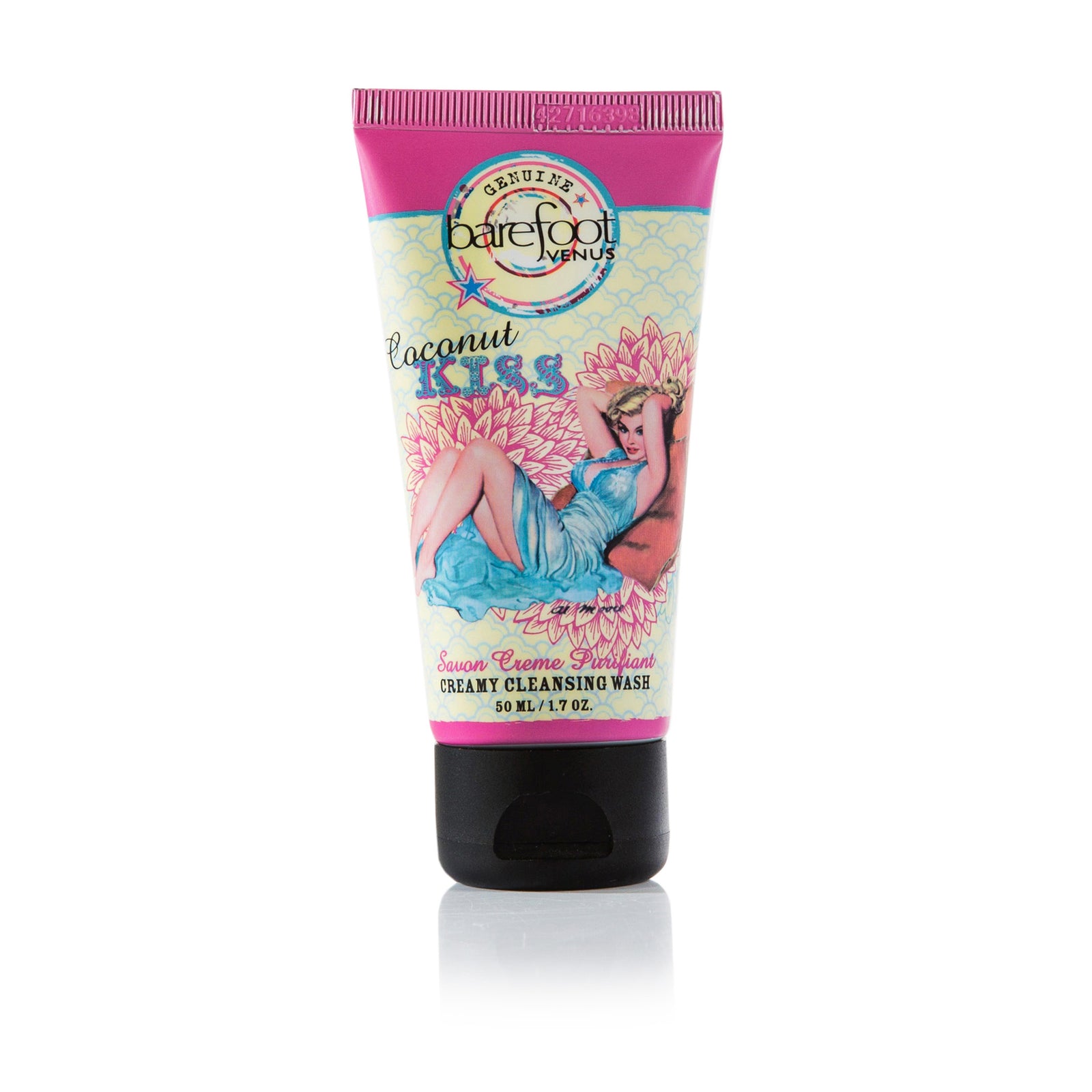 Tube of Barefoot Venus Coconut Kiss creamy cleansing wash mini featuring a woman in a blue dress with a floral background design with a white background.