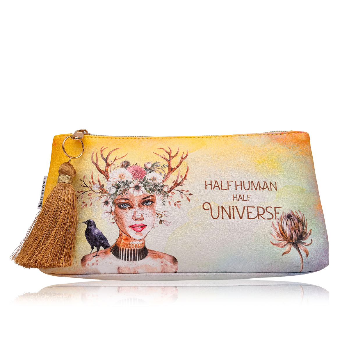 Pouch with a design of a woman with antlers and text 'Half Human Half Universe' on a yellow background.