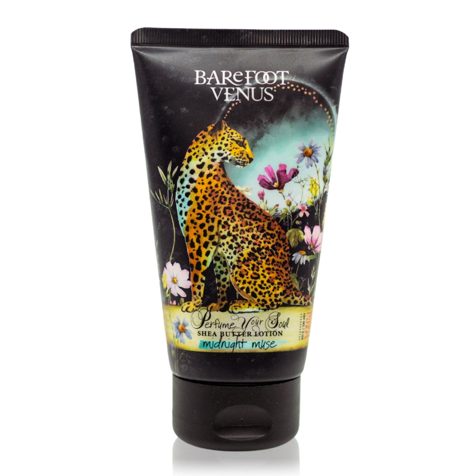 Tube of Barefoot Venus Midnight Muse shea butter lotion with an illustration of a leopard and flowers on the label.