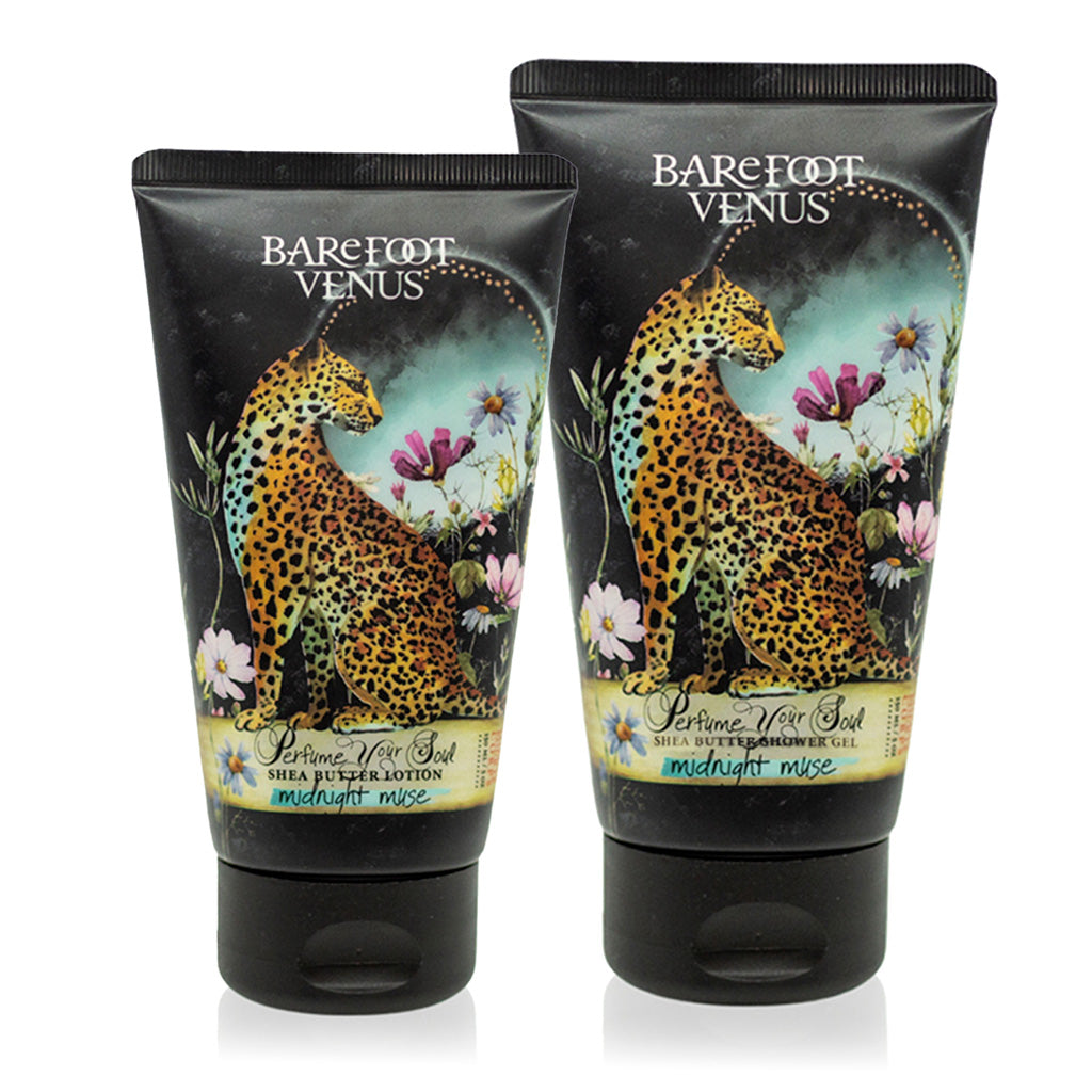 Two black tubes of Barefoot Venus shea butter lotion and shower gel products with a leopard and floral design on the labels.