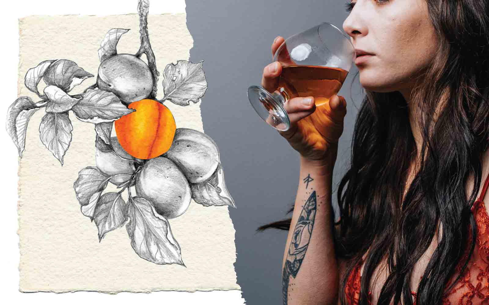 Person with long brown hair drinking orange liquid and a graphic of an apricot tree branch.