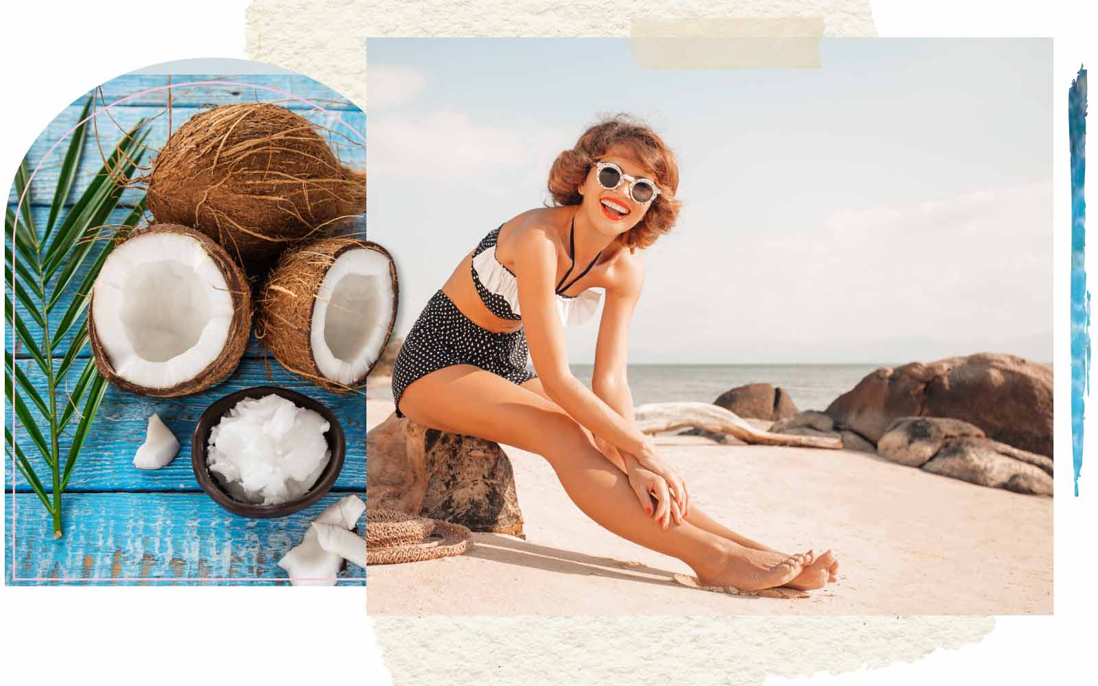 Collage of person in black polka dot bathing suit wearing white sunglasses sitting on a rock at the beach, a coconut, and a palm leaf on a blue wooden background.