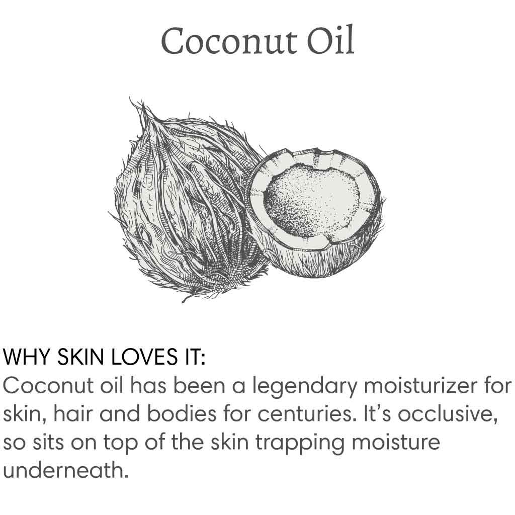 Title reads "Coconut Oil", with image of a a coconut followed by text that reads "Why skin loves it: Coconut oil has been a legendary moisturizer for skin, hair and bodies for centuries. It's occlusive, so sits on top of the skin trapping moisture underneath.".