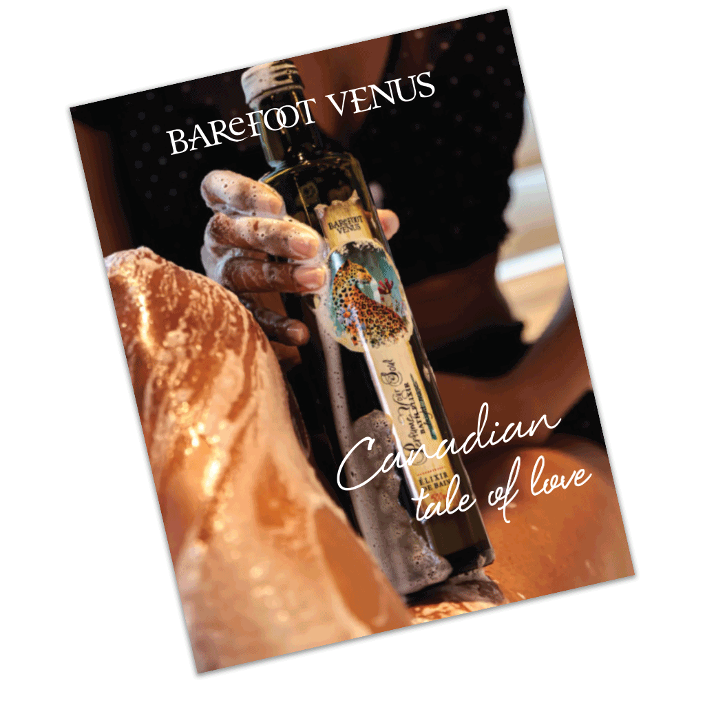 Barefoot Venus Midnight Muse bath elixir bottle covered in bubbles with text 'Canadian tale of love' and a person applying Barefoot Venus Coconut Kiss lip bliss to their lips with text 'Pure Canadian Craft - kissed by nature'.