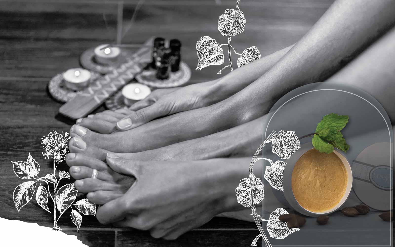 Person massaging feet with hands and blurred background. Graphic overlay of plants and an image of tAll Cracked Up foot balm.