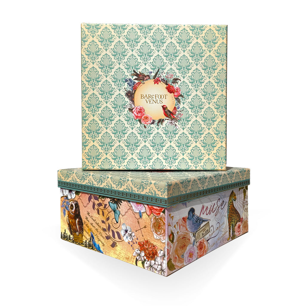 Barefoot Venus gift boxes with flowers and animal graphics.