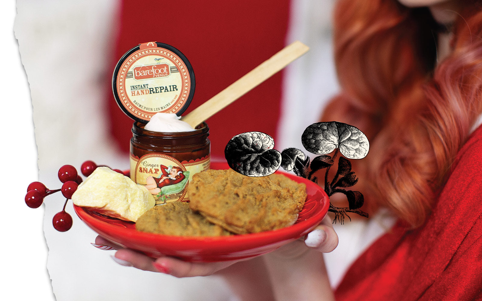 Person with red hair holding a red plate containing cookies, holly berries and a jar of Barefoot Venus Ginger Snap instant hand repair with the lid removed and a spoon inside the jar, with a plant graphic on the image as well.