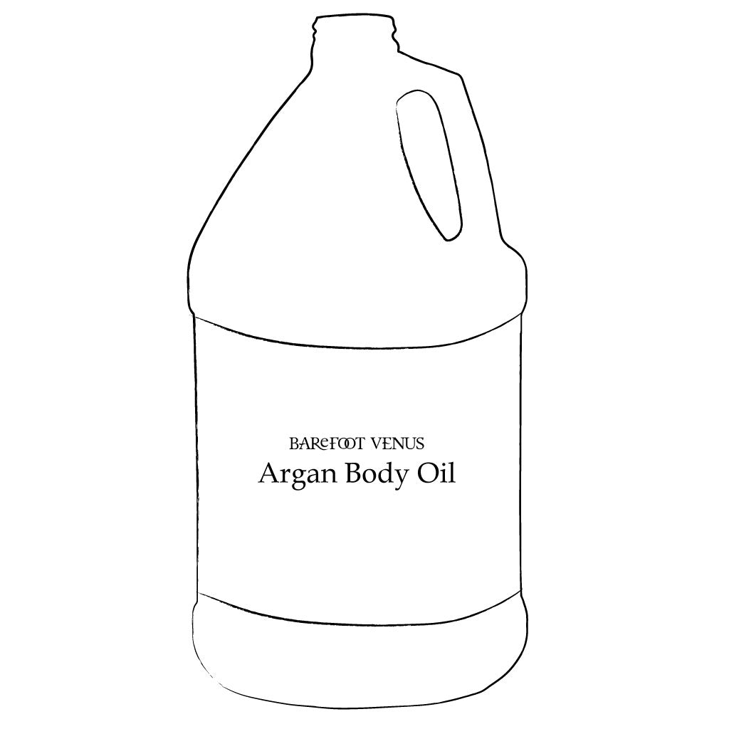 Simple line illustration of a 1 gallon jug of argan body oil from Barefoot Venus.