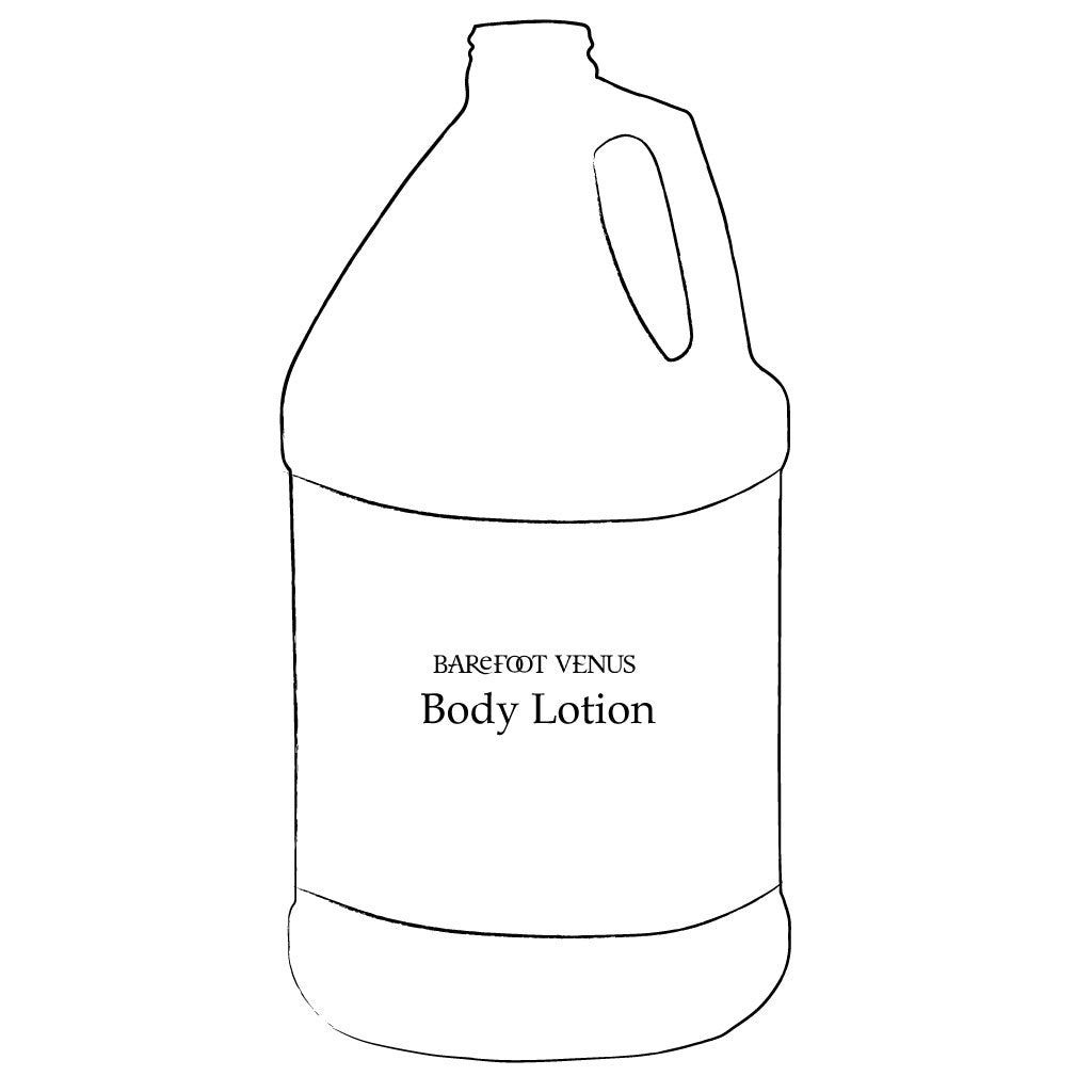 Simple line illustration of a 1 gallon jug of body lotion from Barefoot Venus.