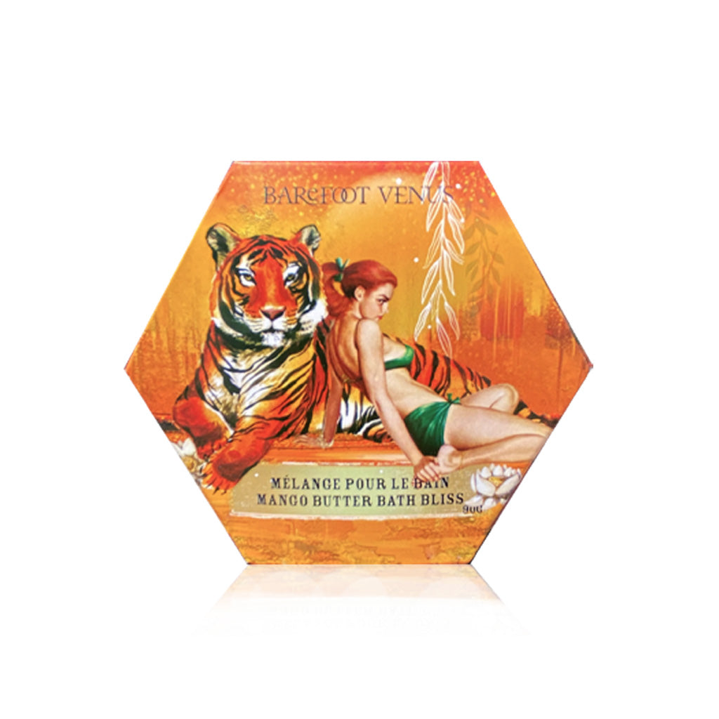 Packaging of Apricot Brandy Bath Bliss with an illustration of a woman and a tiger against an orange and yellow background.