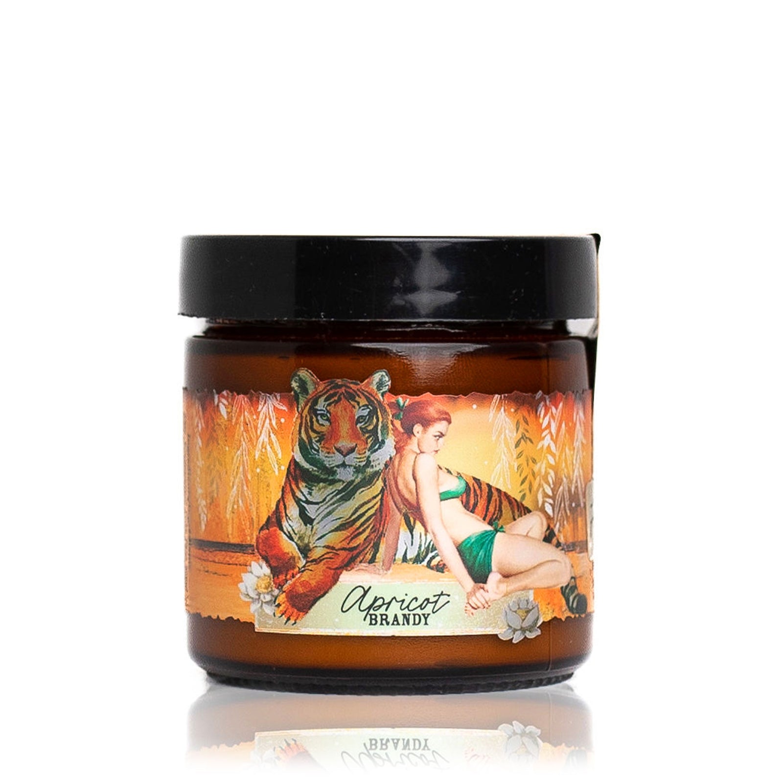 A jar of Apricot Brandy hand repair cream with a label featuring an illustration of a woman and a tiger against an orange and yellow background.