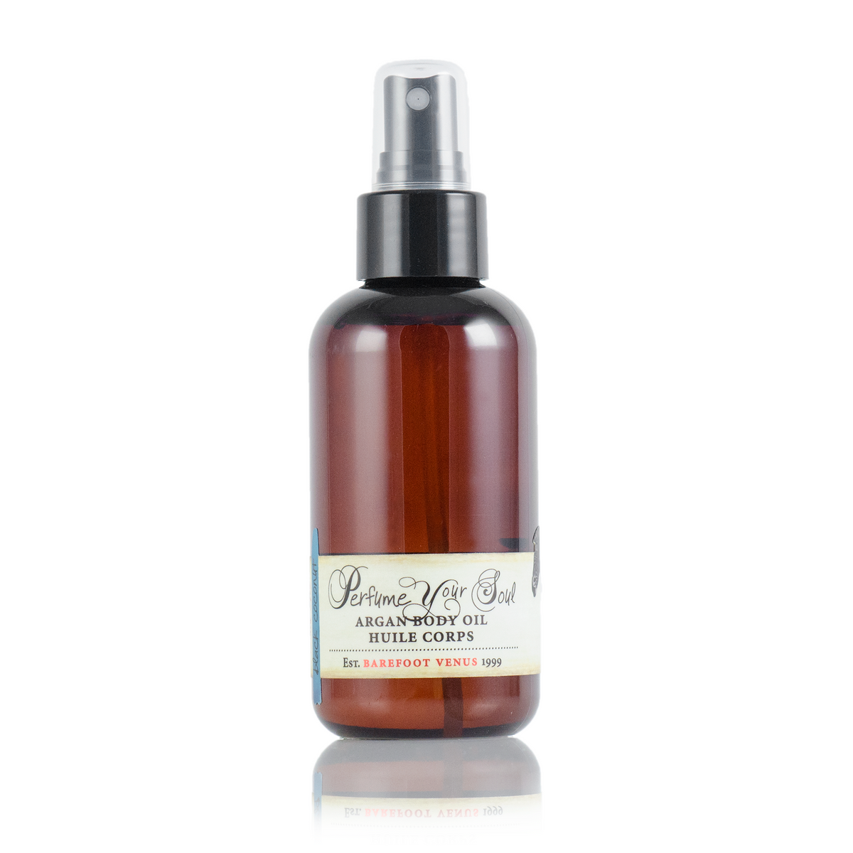 A dark brown bottle with a spray dispenser of Barefoot Venus Black Coconut Argan body oil.