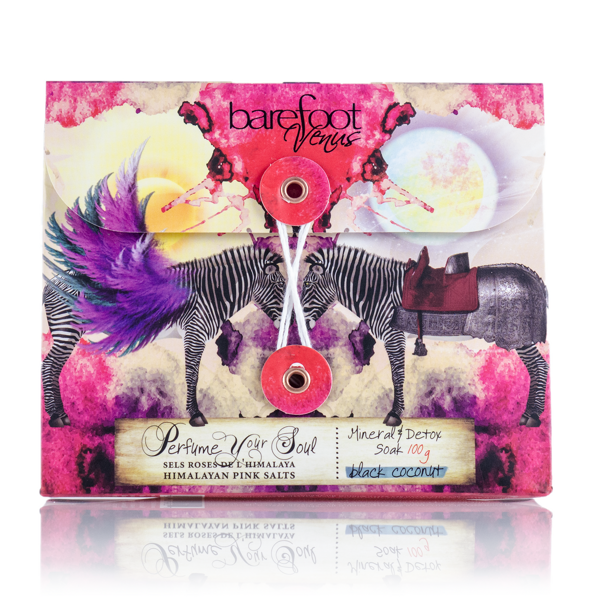 Envelope of Barefoot Venus Black Coconut bath soak envelope product featuring a floral zebra design.
