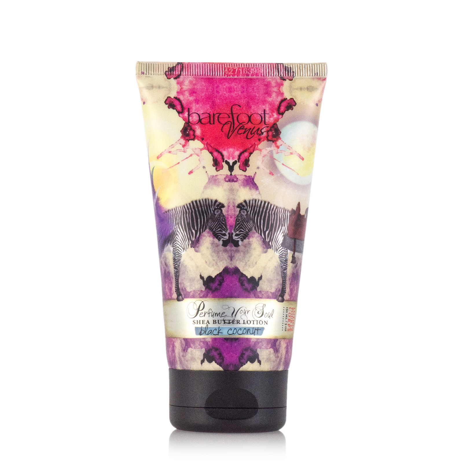 Tube of Barefoot Venus Black Coconut shea butter lotion product featuring a floral zebra design.