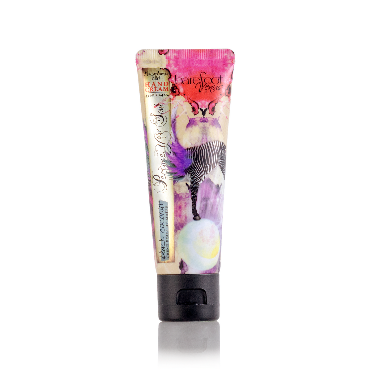 Tube of Barefoot Venus Black Coconut hand cream product featuring a floral zebra design.