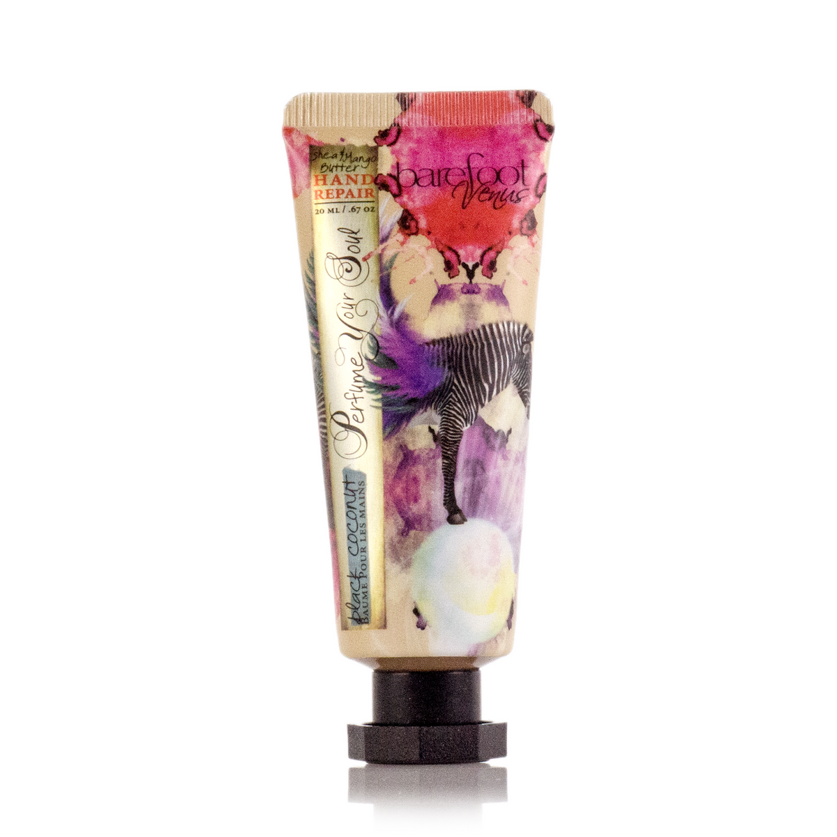 A mini tube of Barefoot Venus Black Coconut instant hand repair with a floral zebra design on the packaging.