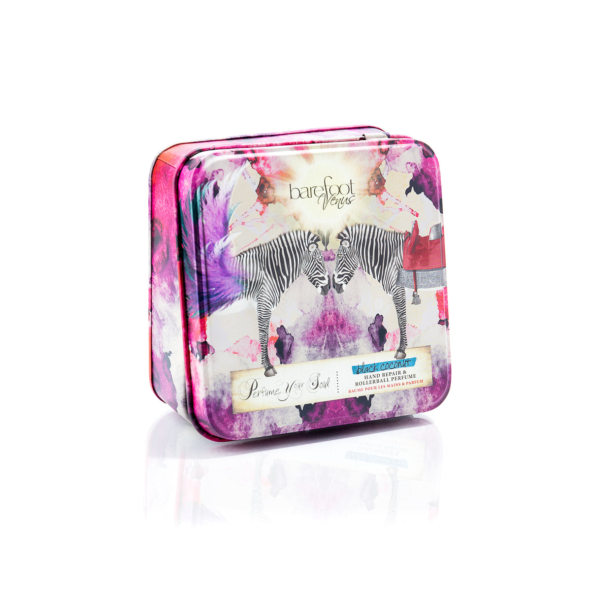 Container for Barefoot Venus Black Coconut perfect pair with a floral zebra design on the packaging.