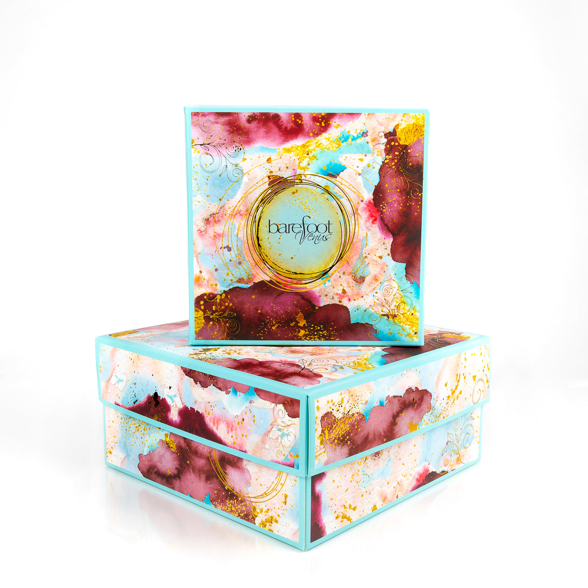 Barefoot Venus gift boxes with colourful design on a white background