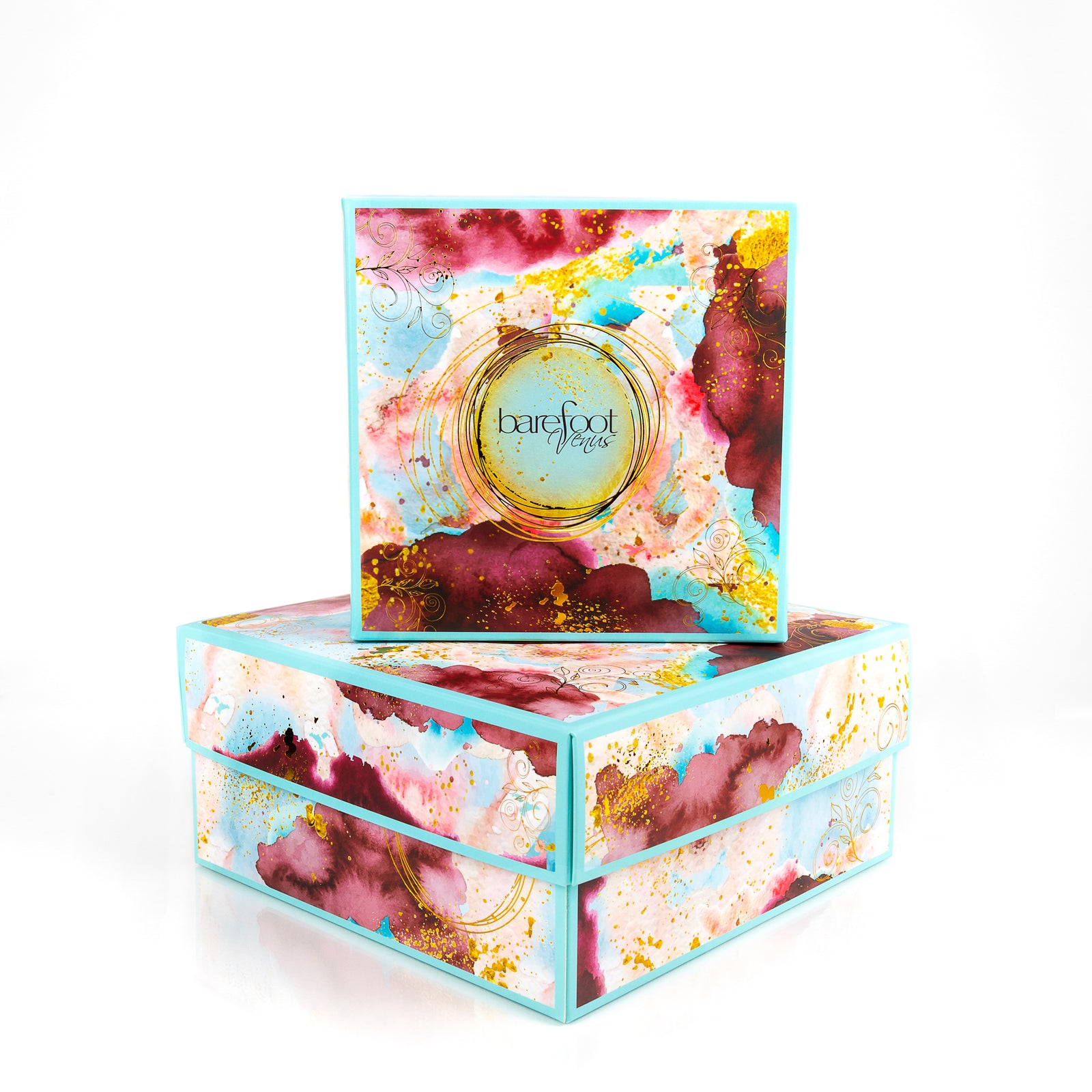 Barefoot Venus gift boxes with flowers and animal graphics.
