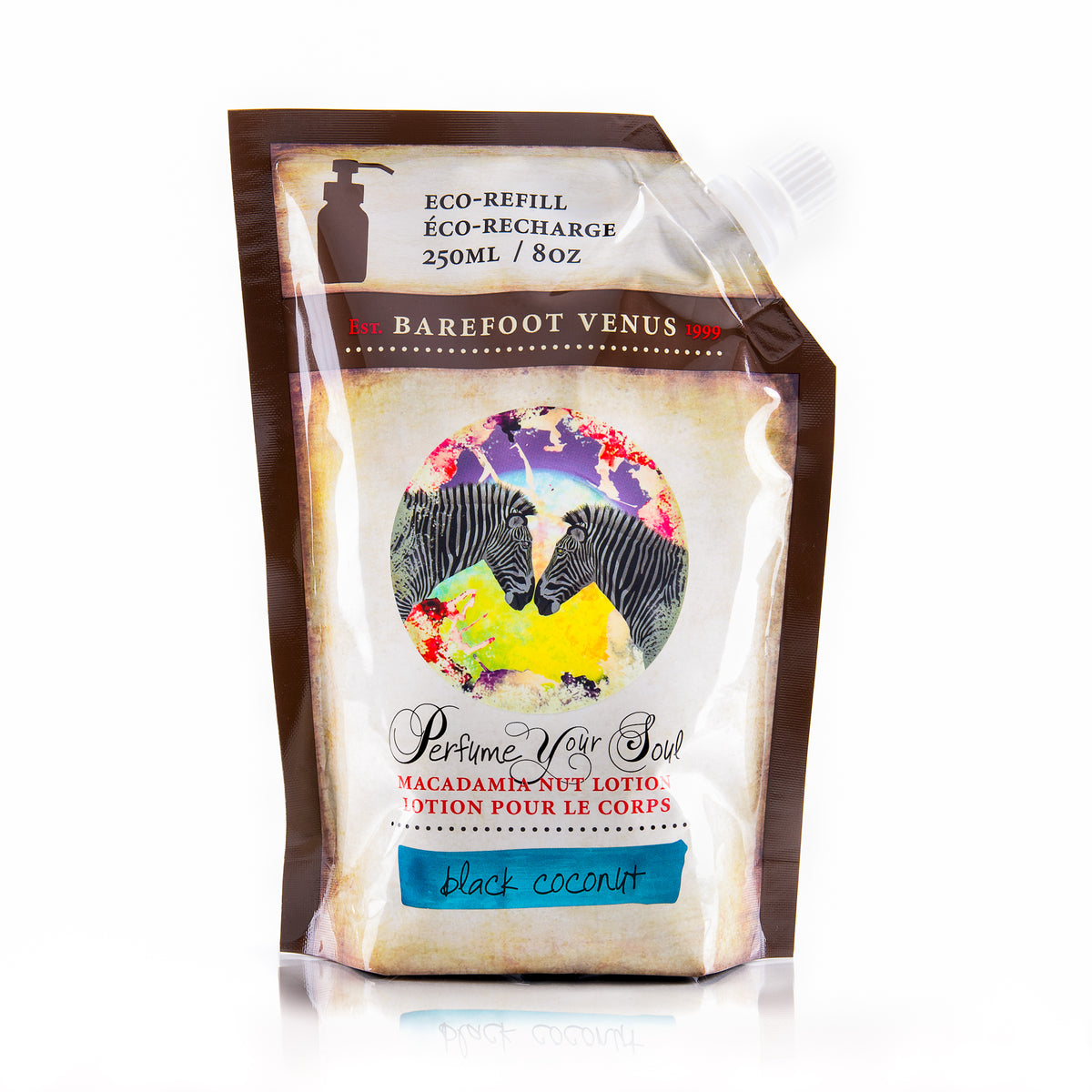 A pouch of Black Coconut Lotion by Barefoot Venus with a zebra design and a label indicating it is an eco-refill Macadamia Nut Lotion.