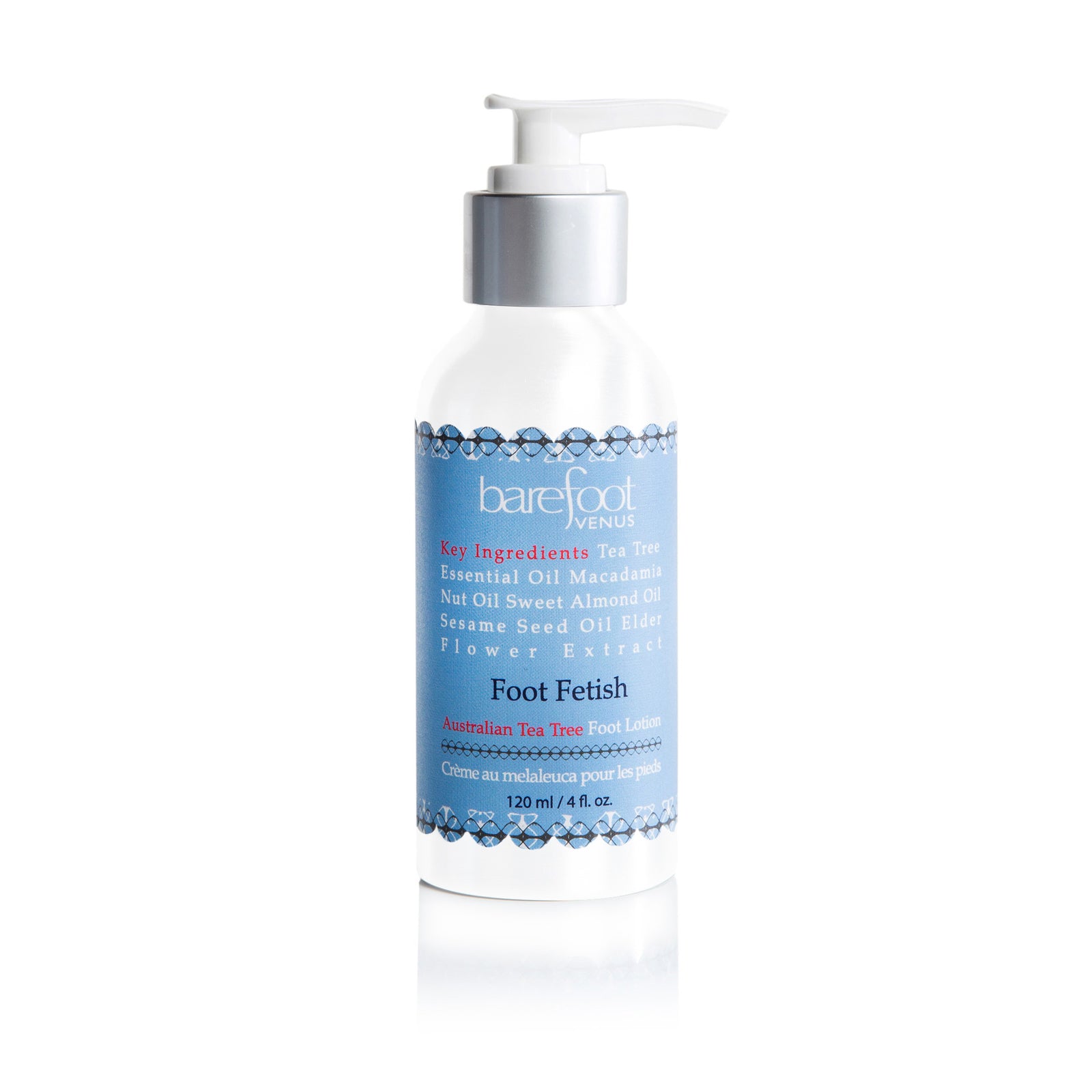 Pump bottle of Barefoot Venus Foot Fetish foot lotion with a blue label on a white background.