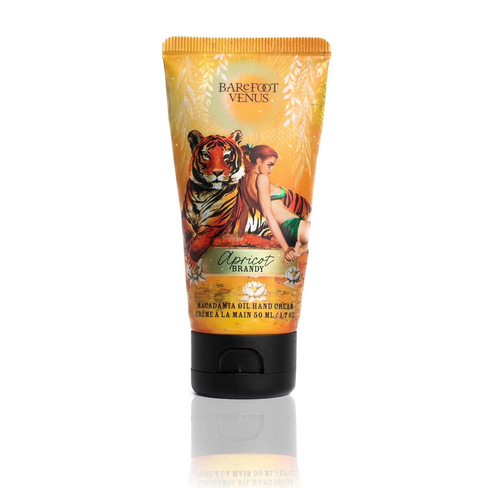 A tube of Apricot Brandy macadamia oil hand cream with a label featuring illustrations of a tiger and woman.