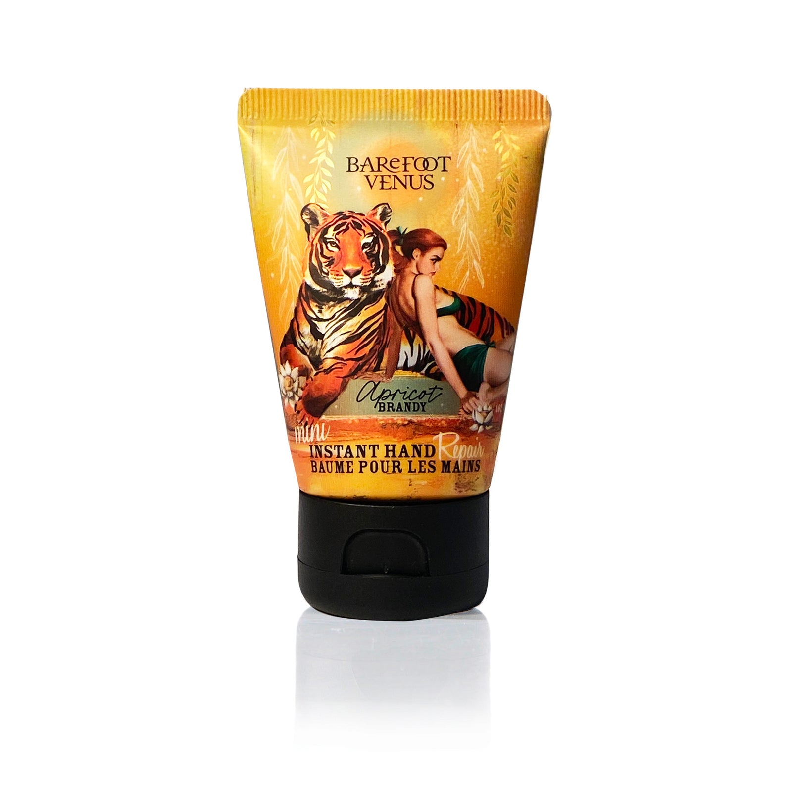 A tube of Apricot Brandy instant hand repair mini with a label featuring illustrations of a tiger and woman.