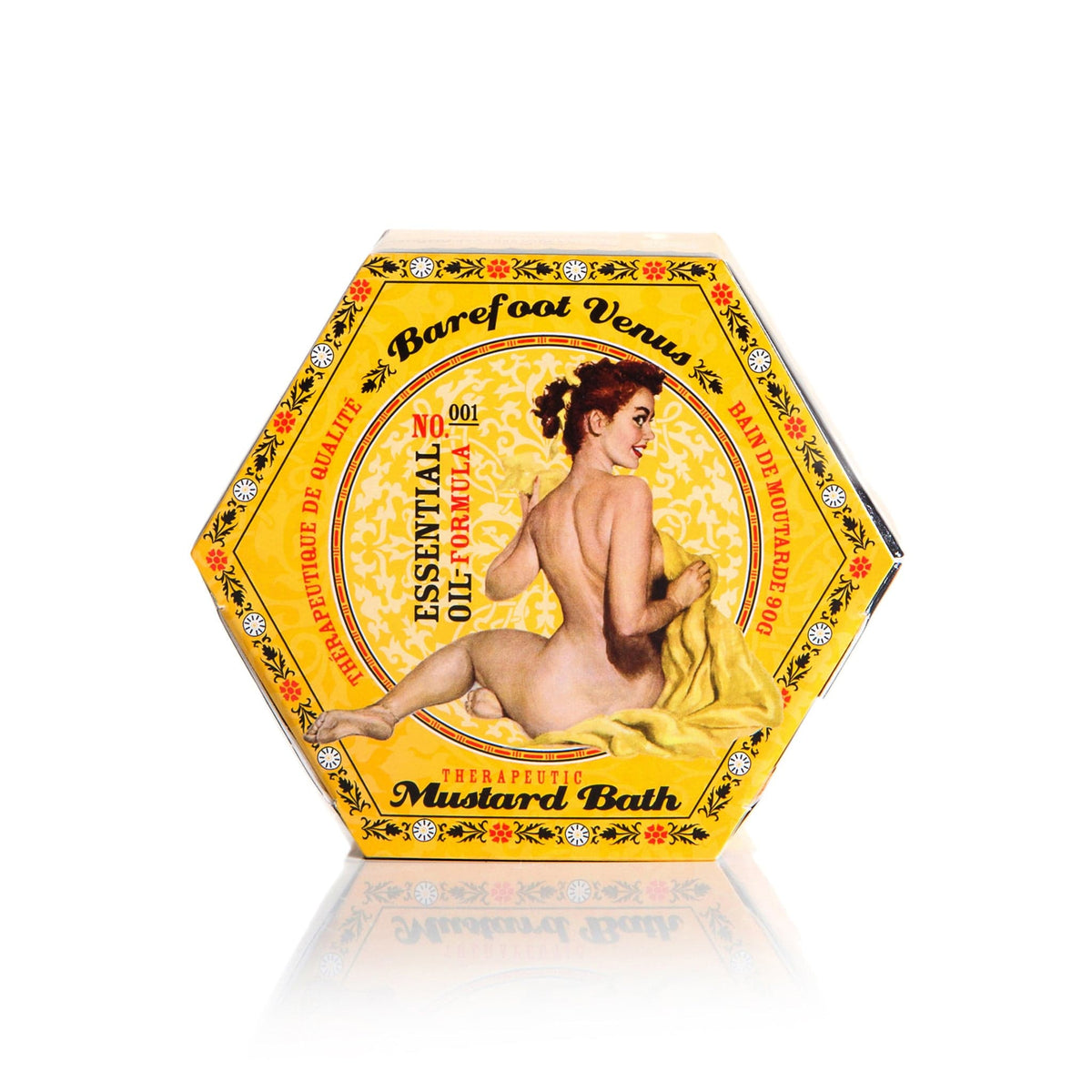 Barefoot Venus Mustard Bath bath bliss product featuring a woman sitting with a yellow towel.