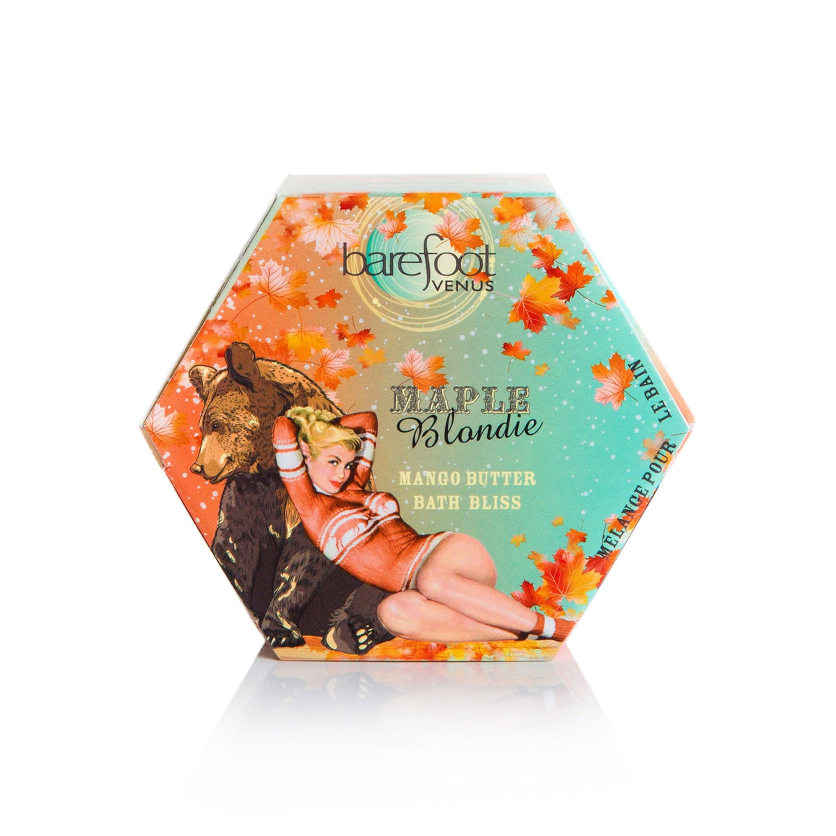 Barefoot Venus Maple Blondie bath bliss product featuring a bear and a woman in a red sweater with leaves all around.