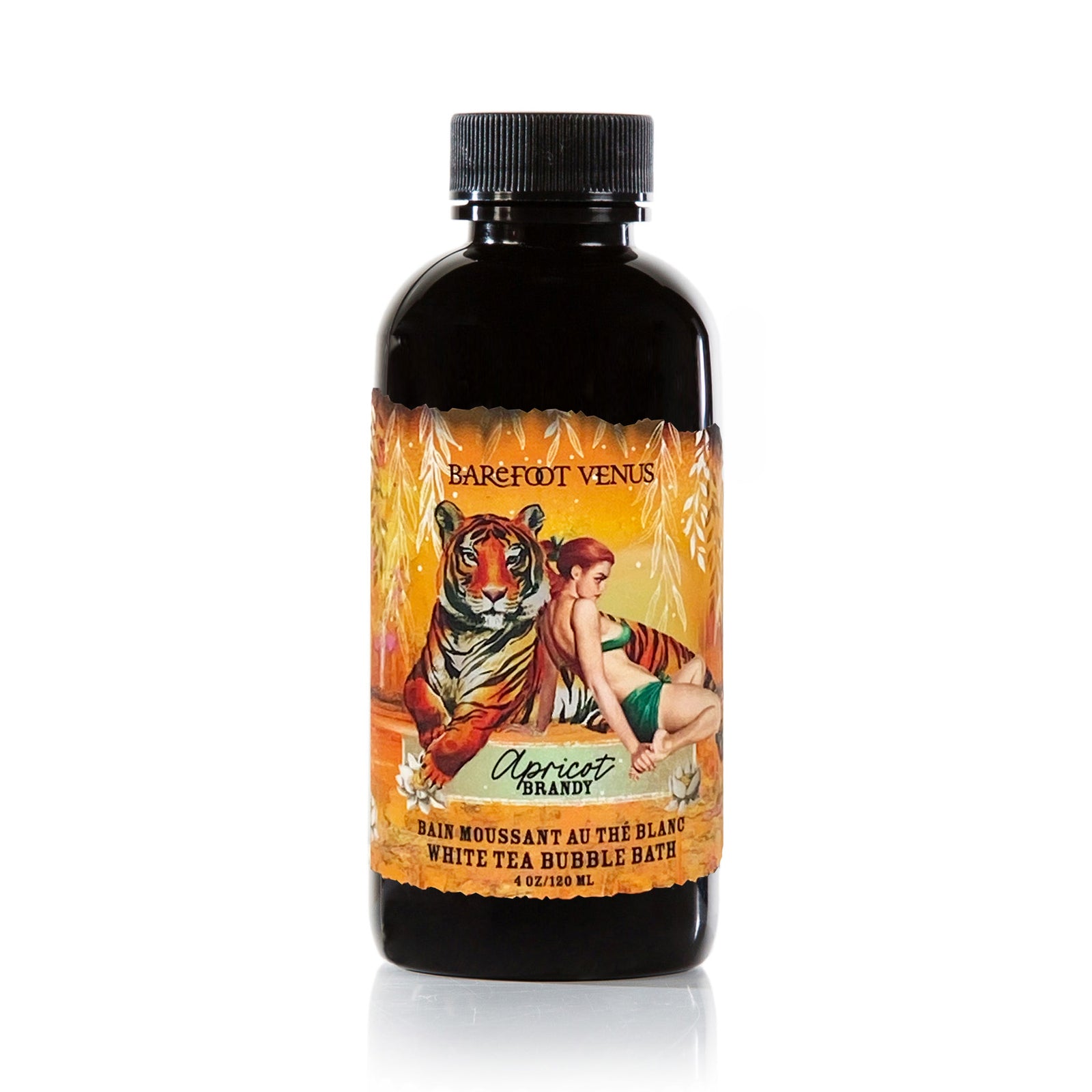 A person pouring a bottle of Apricot Brandy bubble bath onto hand with a label featuring illustrations of tiger and woman.