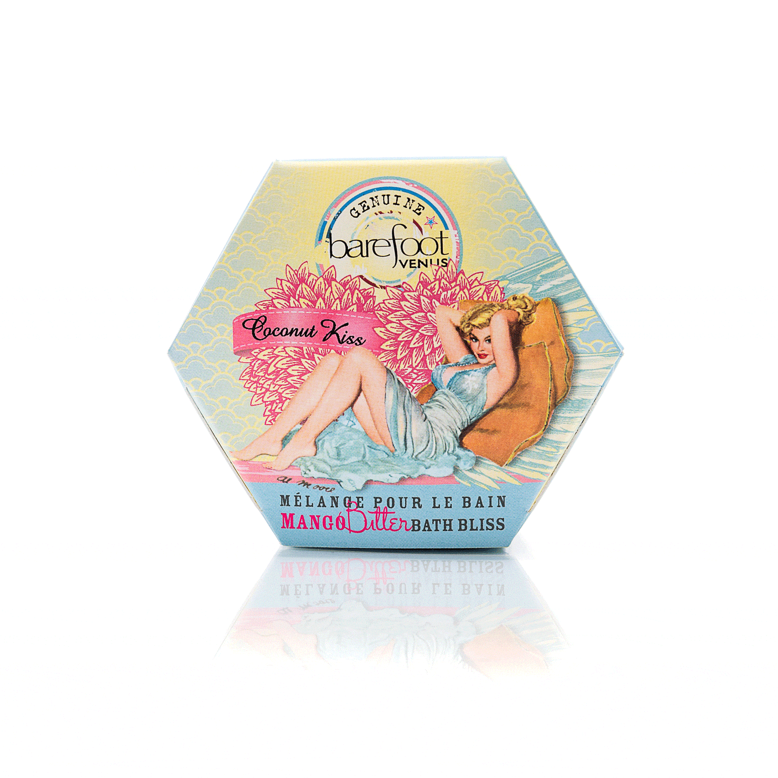 Container of Barefoot Venus Coconut Kiss bath bliss product featuring a woman in a blue dress with a floral background design on a white background.