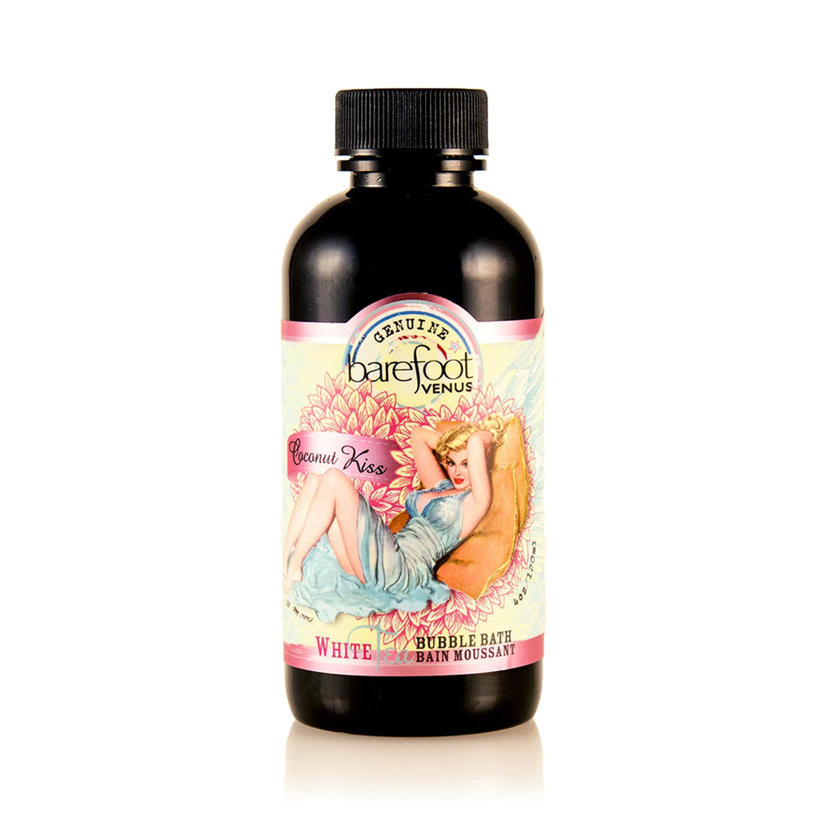 Bottle of Barefoot Venus Coconut Kiss bath soak product featuring a woman in a blue dress with a floral background design with a white background.