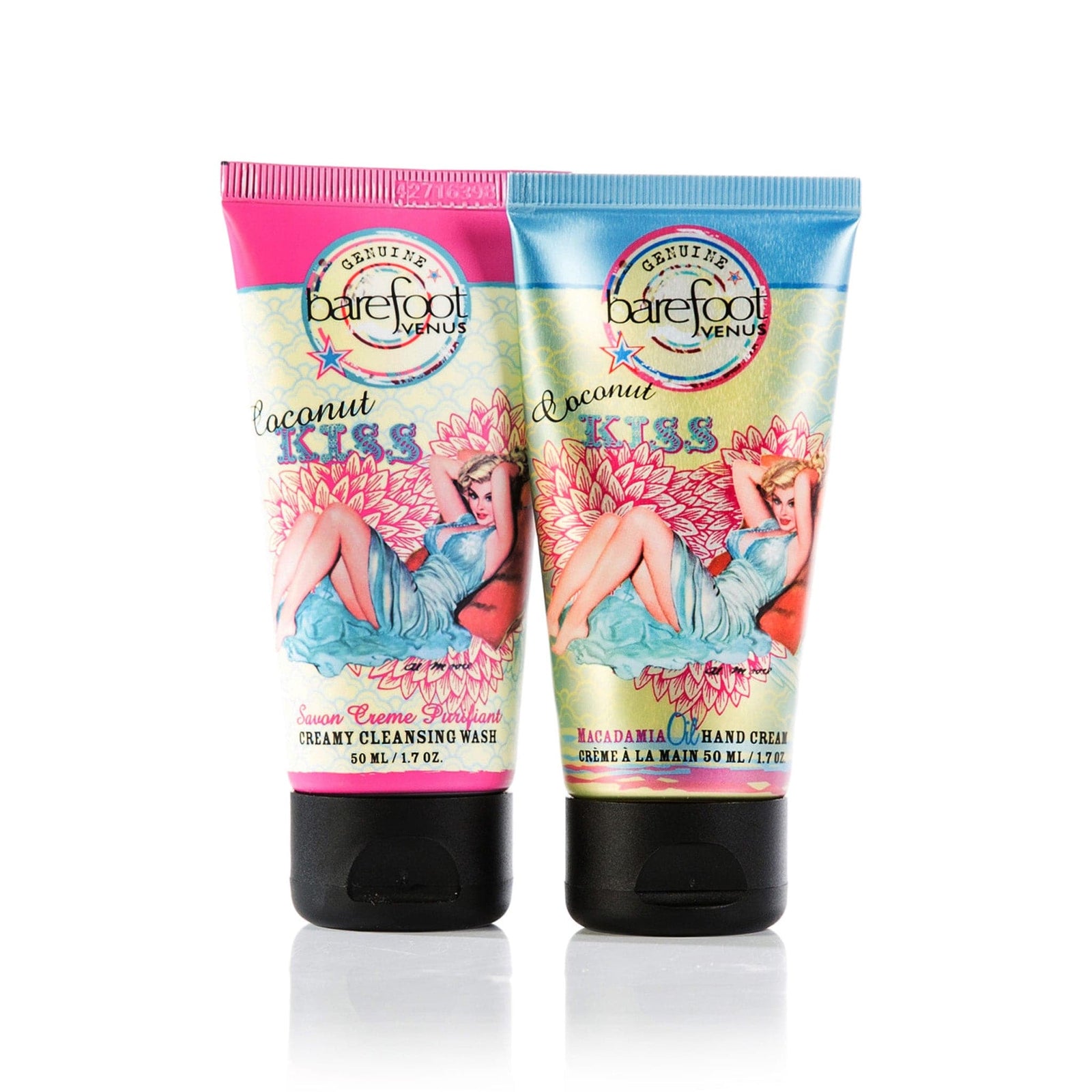 Two tubes of Barefoot Venus Coconut Kiss products featuring a woman in a blue dress with a floral background design with a white background.