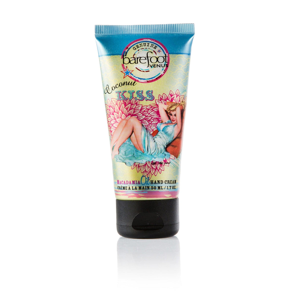Tube of Barefoot Venus Coconut Kiss hand cream featuring a woman in a blue dress with a floral background design with a white background.
