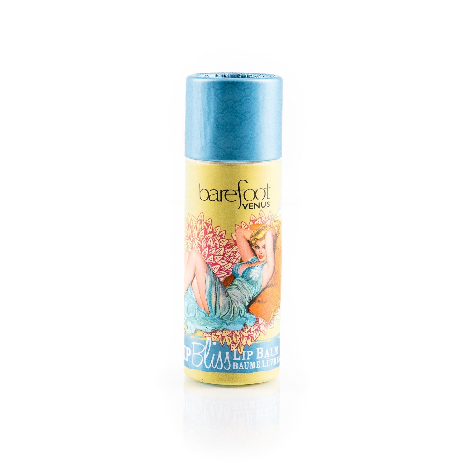 Person applying a tube of Barefoot Venus Coconut Kiss hand cream featuring a woman in a blue dress with a floral background design.