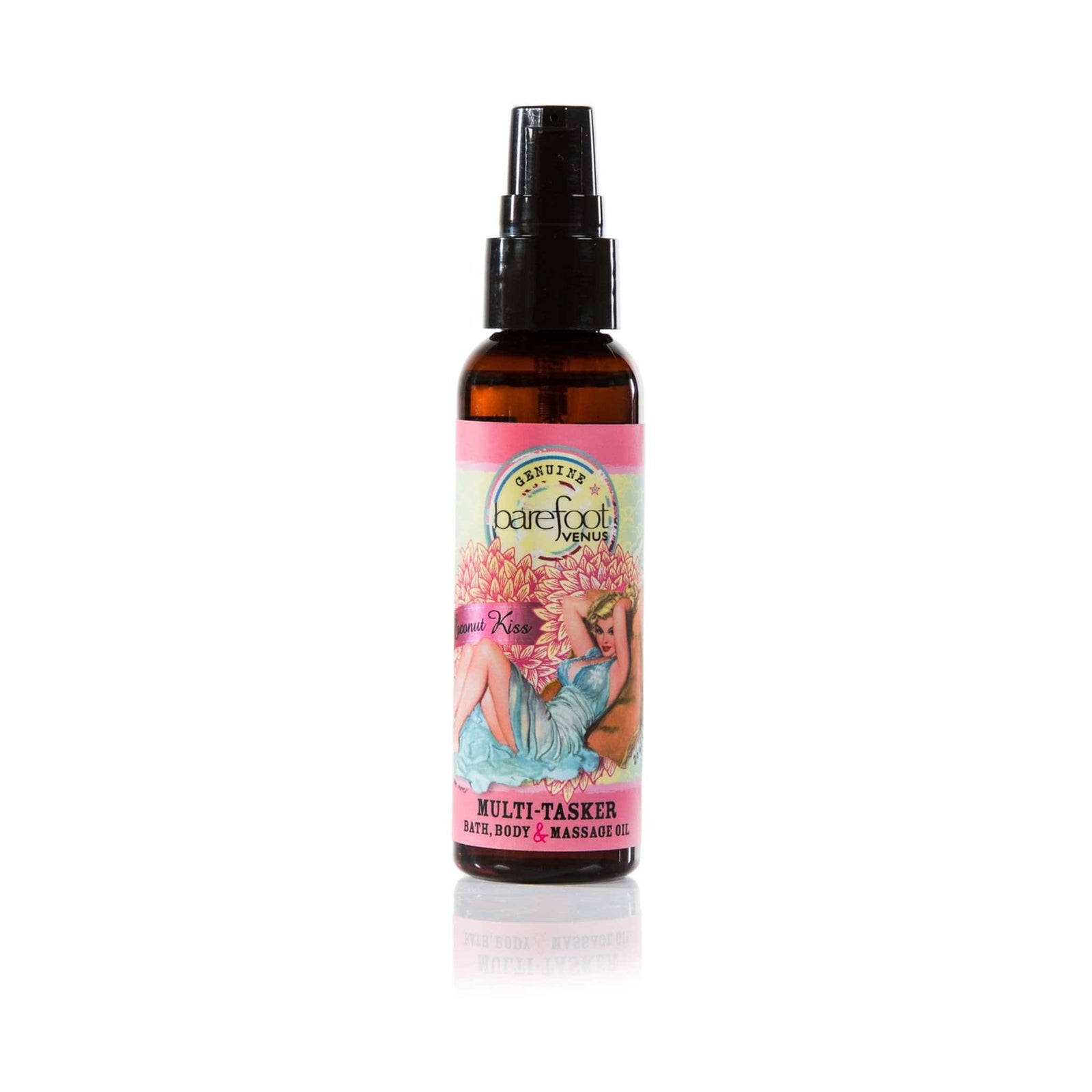 Spray bottle of Barefoot Venus Coconut Kiss multi-tasker featuring a woman in a blue dress with a floral background design with a white background.