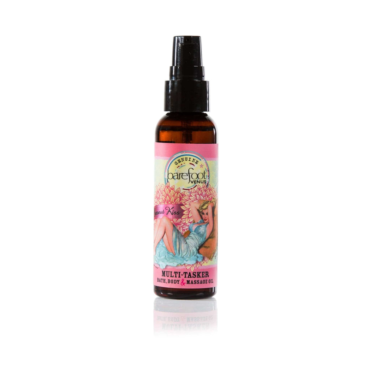 Spray bottle of Barefoot Venus Coconut Kiss multi-tasker featuring a woman in a blue dress with a floral background design with a white background.