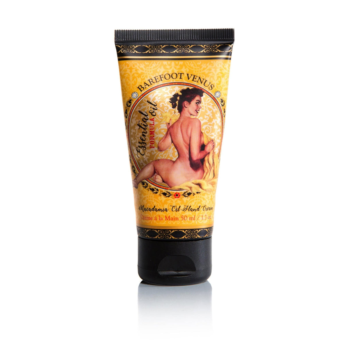 Tube of Barefoot Venus Essential Oil hand cream with a vintage woman design on the packaging on a white background.