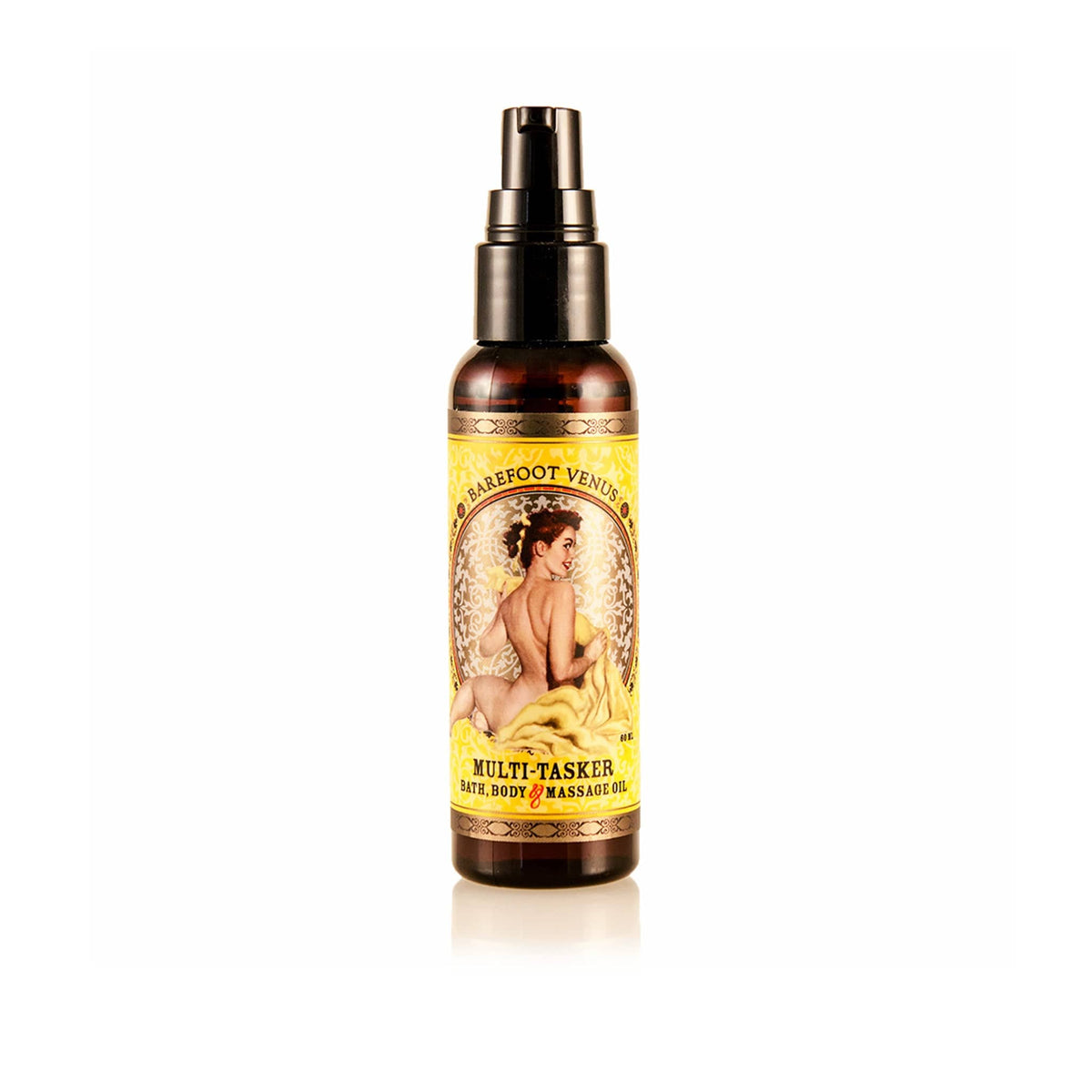 Spray bottle of Barefoot Venus Essential Oil multi-tasker with a vintage woman design on the packaging on a white background.