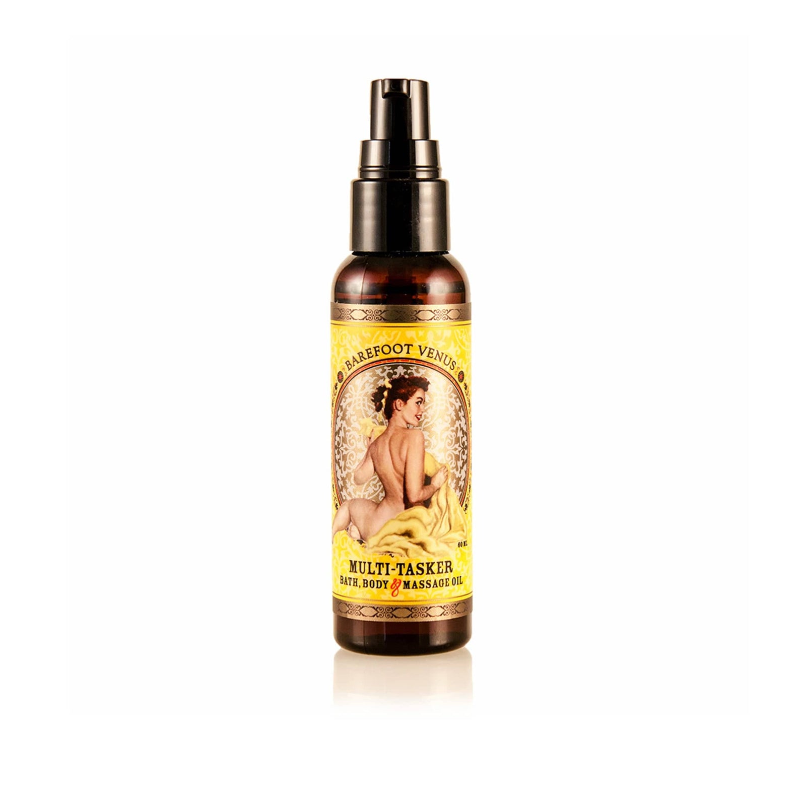 Spray bottle of Barefoot Venus Essential Oil multi-tasker with a vintage woman design on the packaging on a white background.