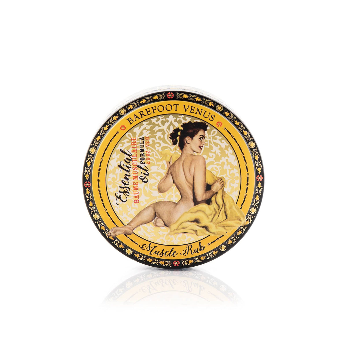 Container of Barefoot Venus Essential Oil muscle rub with a vintage woman design on the packaging on a white background.