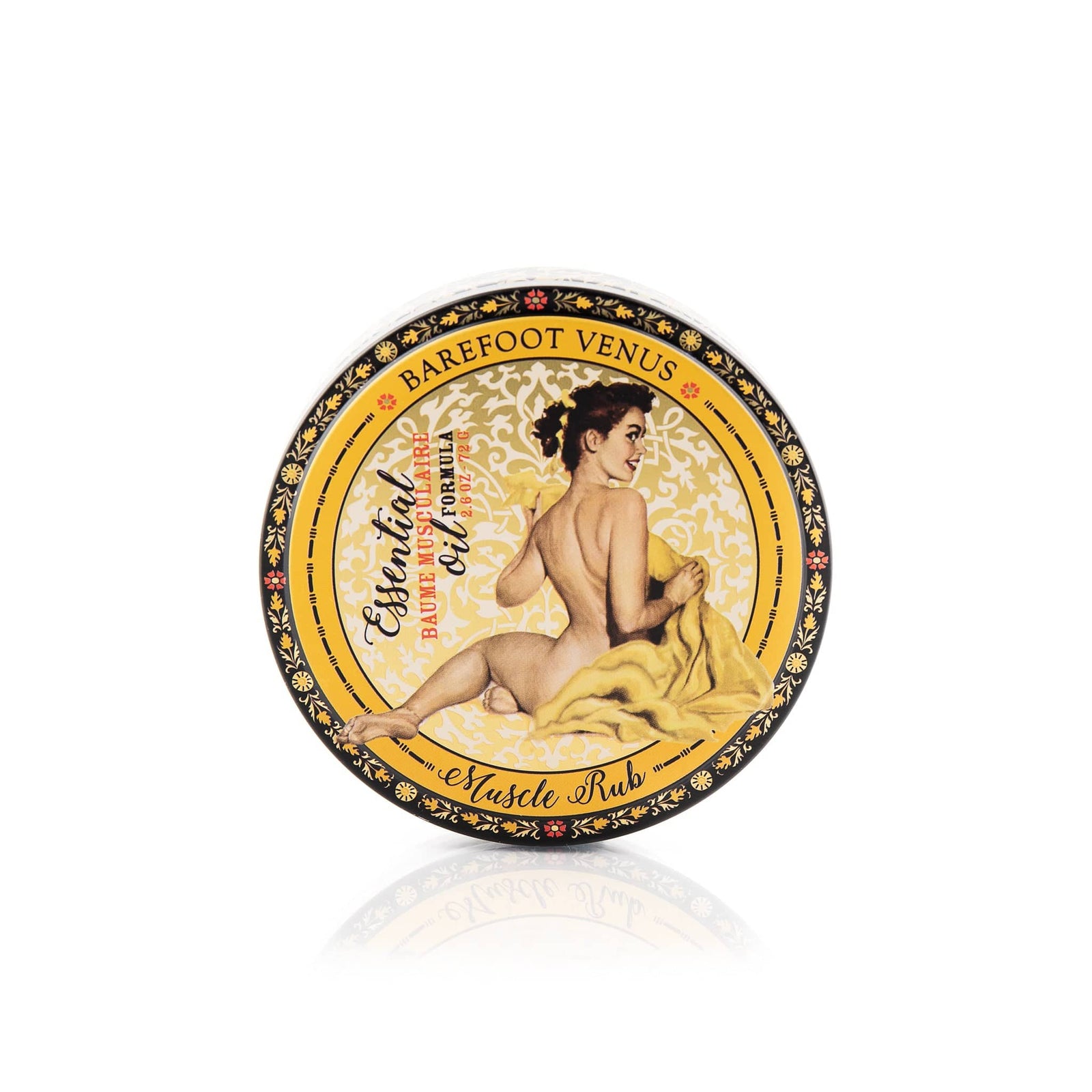 Container of Barefoot Venus Essential Oil muscle rub with a vintage woman design on the packaging on a white background.