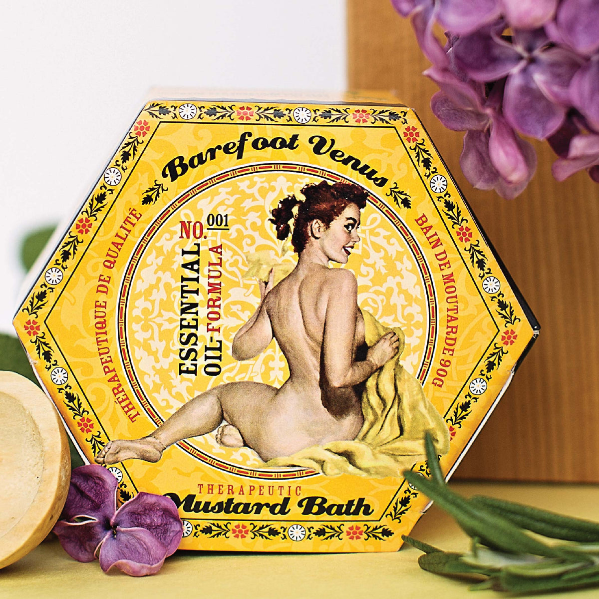 Barefoot Venus Essential Oil bath bliss product featuring a vintage design with a background of flowers.