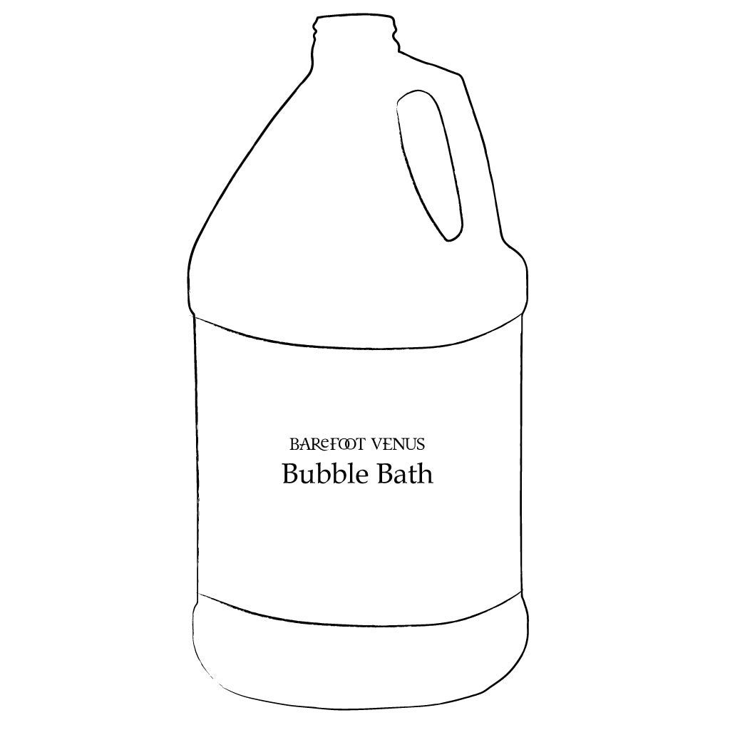 Illustration of a gallon jug with text 'Barefoot Venus - Bubble Bath'.