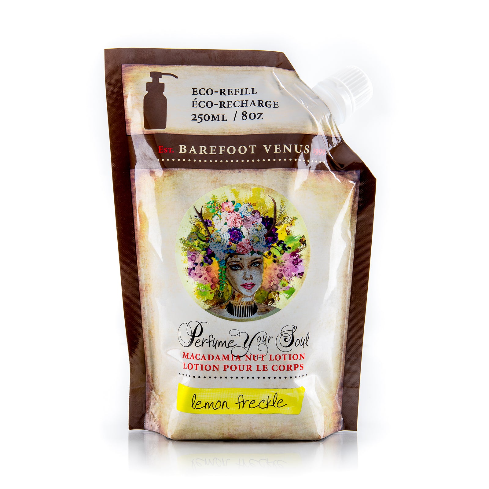 A pouch of Lemon Freckle Lotion by Barefoot Venus with a woman wearing a flower crown and a label indicating it is an eco-refill Macadamia Nut Lotion.